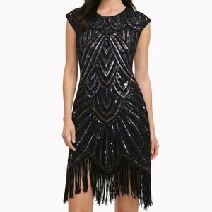 NEW Gatsby Black Sequin Dress Size S Party Fringe Retro Festive Beaded Bodycon